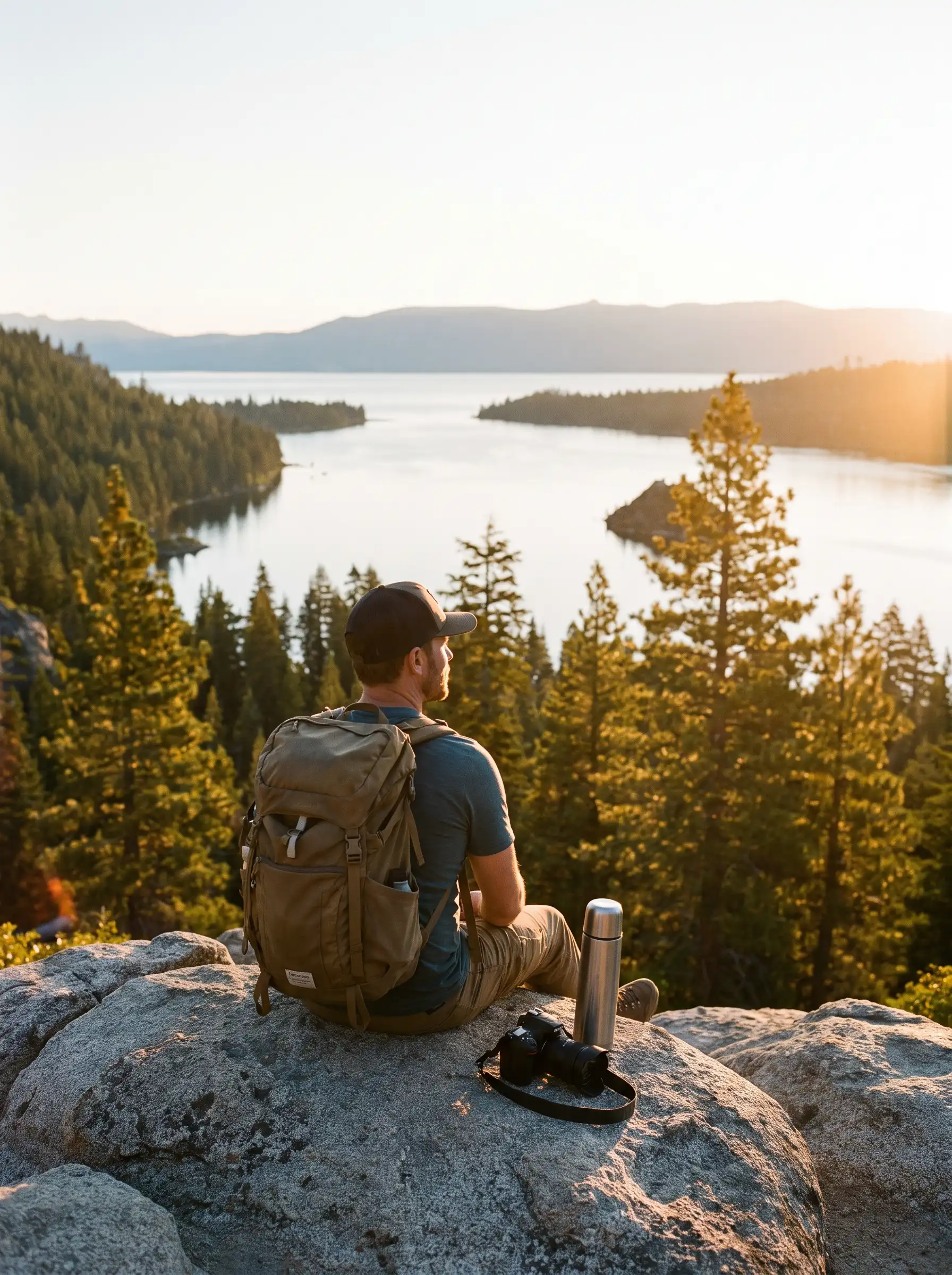 hiker sitting on granite boulders overlooking Lake Tahoe