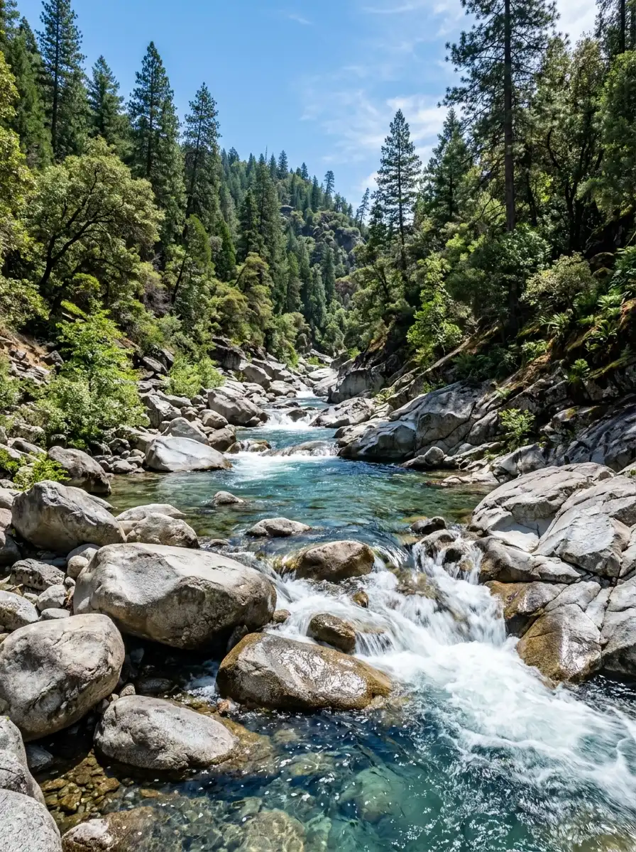 water flowing over smooth granite rocks in a Northern California