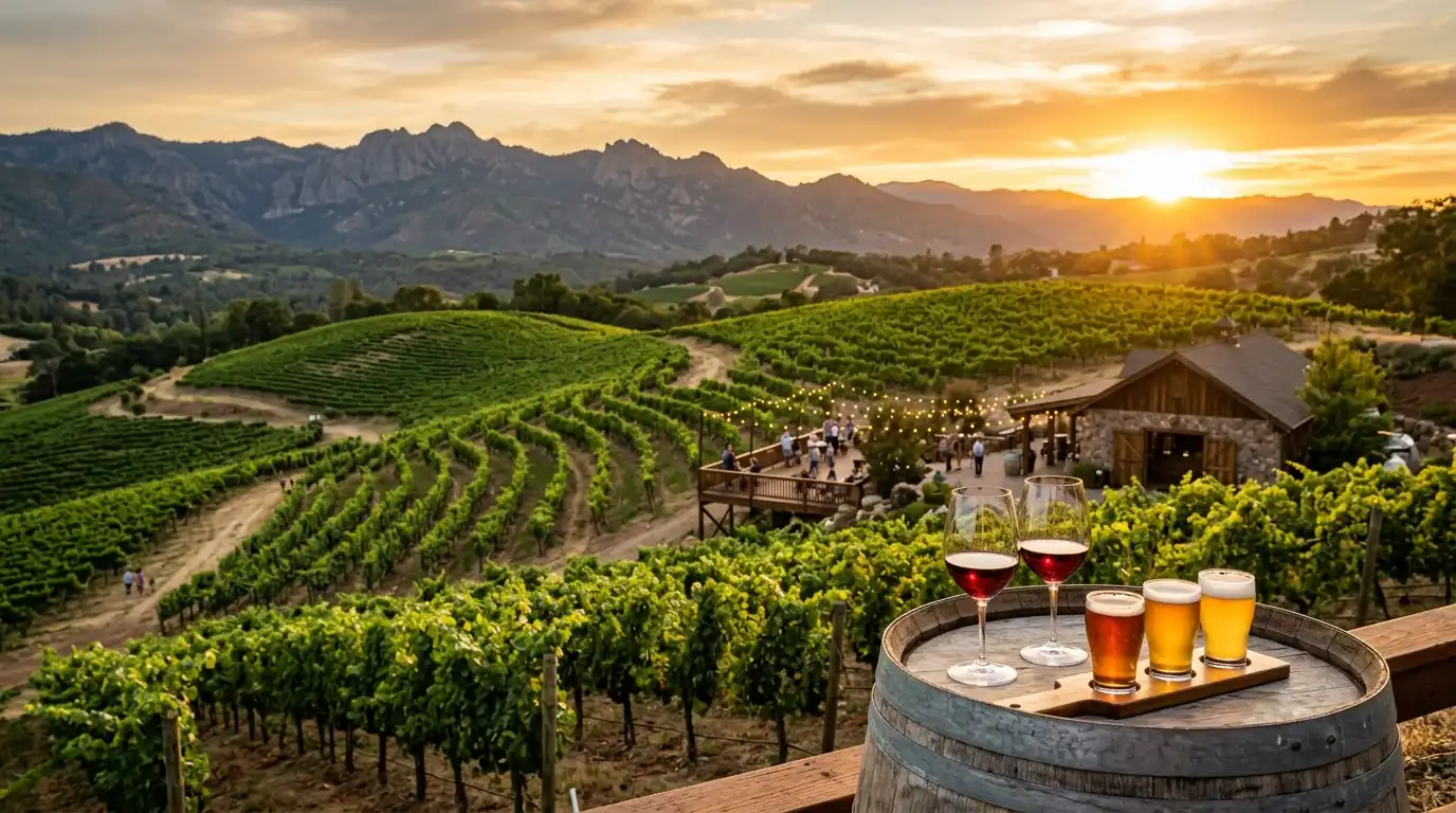 Wine and beer on table