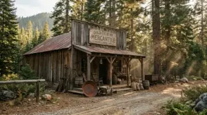 Rustic wooden storefront in forest